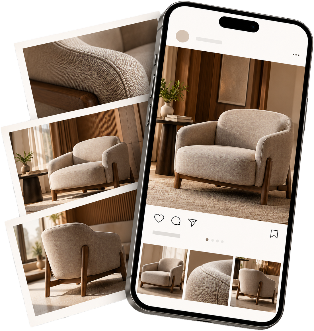 Celular mostrando um carrossel do Instagram com a poltrona em ambiente aconchegante, ao lado de três fotos impressas da mesma peça.